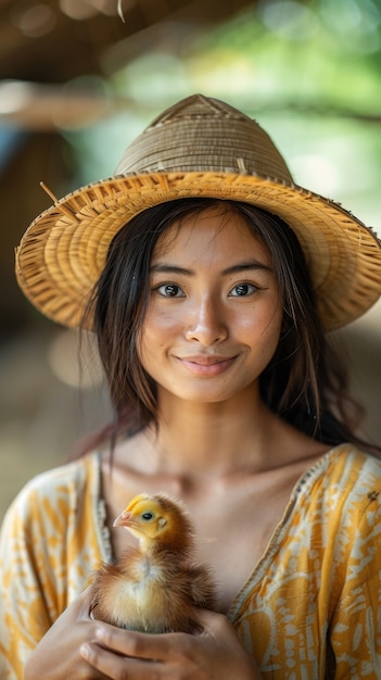 Photorealistic scene of poultry farm with people and chickens