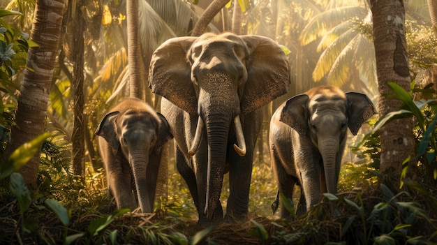 Photorealistic scene of wild elephants