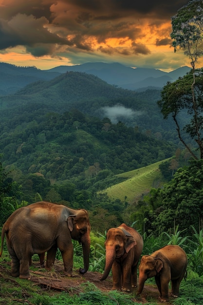 Photorealistic scene of wild elephants