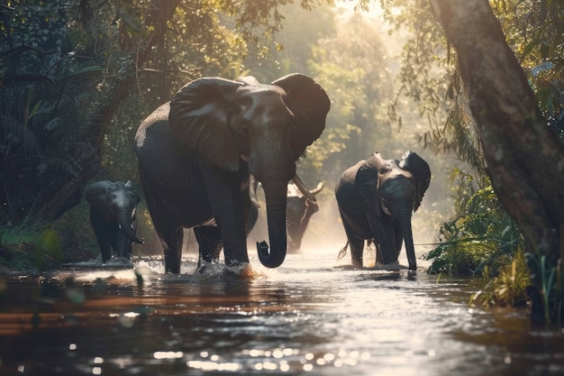 Photorealistic scene of wild elephants