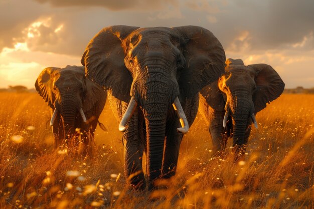 Photorealistic scene of wild elephants