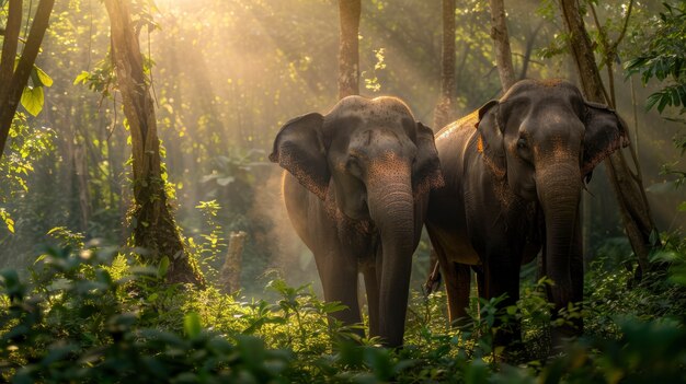 Photorealistic scene of wild elephants