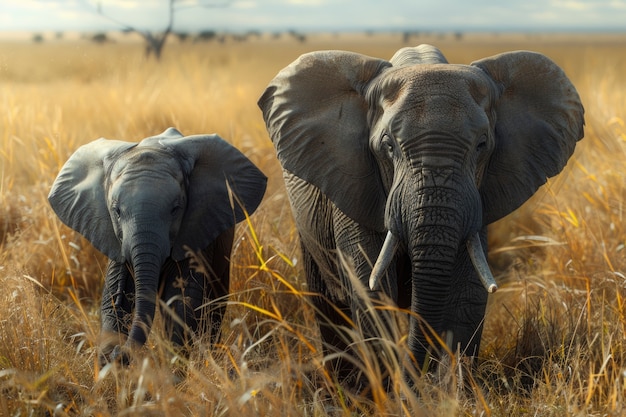 Photorealistic scene of wild elephants