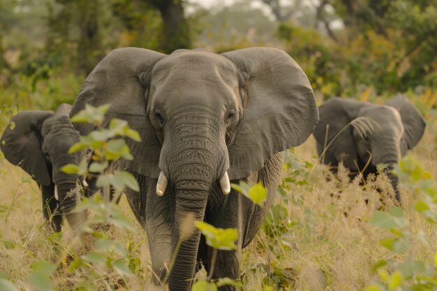 Photorealistic scene of wild elephants