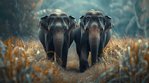 Photorealistic scene of wild elephants