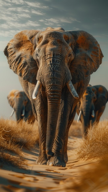 Photorealistic scene of wild elephants