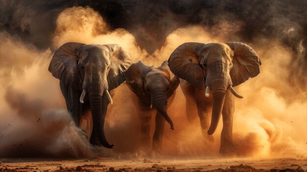 Photorealistic scene of wild elephants