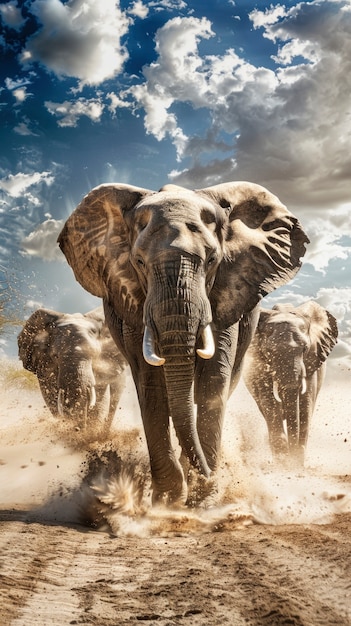 Photorealistic scene of wild elephants