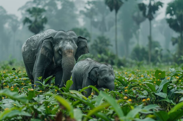 Photorealistic scene of wild elephants