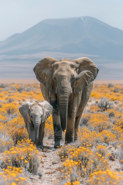 Photorealistic scene of wild elephants