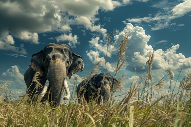 Photorealistic scene of wild elephants