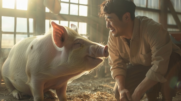 무료 사진 돼지 농장을 돌보는 사람 과 함께 사진 현실적 인 장면