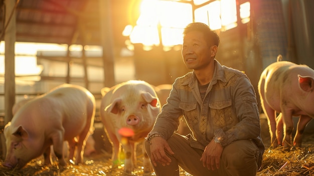 돼지 농장을 돌보는 사람 과 함께 사진 현실적 인 장면