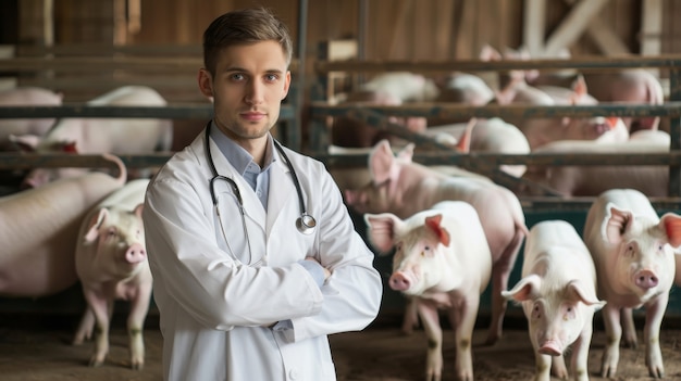 Foto gratuita photorealistic scene with person taking care of a pig farm