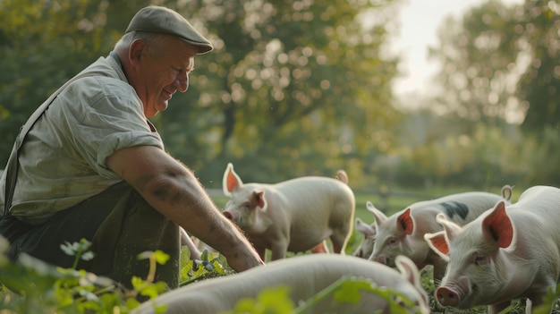 돼지 농장을 돌보는 사람 과 함께 사진 현실적 인 장면