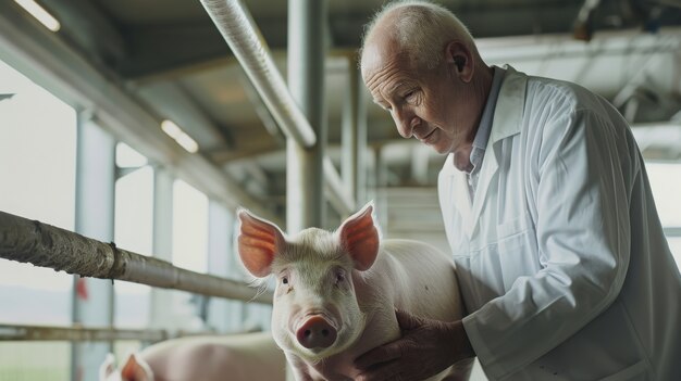 豚の農場の世話をする人とのフォトリアリスティックなシーン