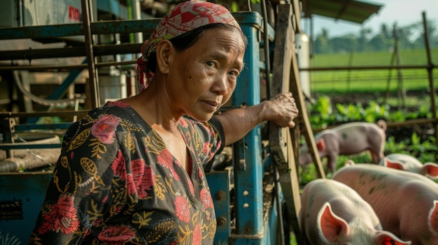 Foto gratuita scena fotorealista con una persona che si prende cura di un allevamento di maiali
