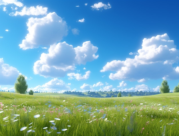 Photorealistic style clouds and meadow