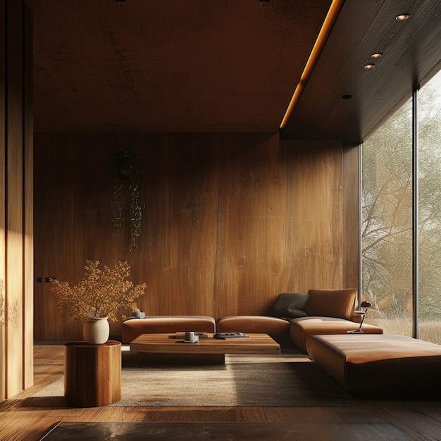 無料写真 木製の装飾と家具を備えたフォトリアリズムな木製の家のインテリア