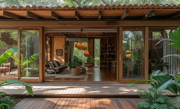 Photorealistic timber house interior with wooden decor and furnishings