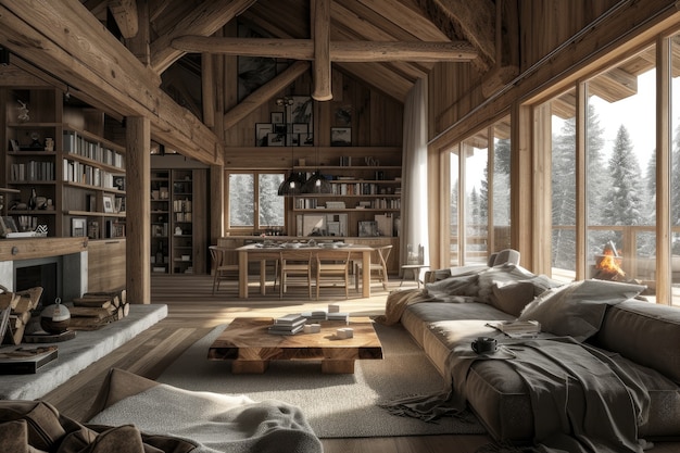 Free photo photorealistic timber house interior with wooden decor and furnishings