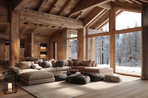 Free photo photorealistic timber house interior with wooden decor and furnishings