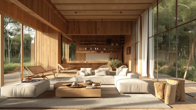 Photorealistic timber house interior with wooden decor and furnishings