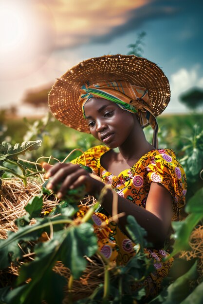 Photorealistic view of african people harvesting vegetables and grains