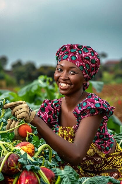 Photorealistic view of african people harvesting vegetables and grains