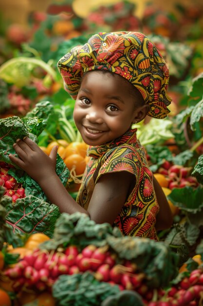 Фотореалистичный вид африканцев, собирающих овощи и зерно