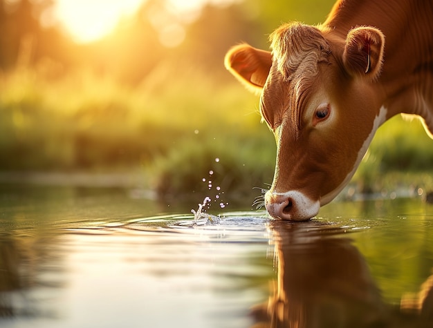 Фотореалистичное изображение коровы, пьющей воду