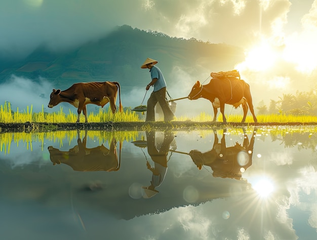 Photorealistic view of cow getting used in agriculture