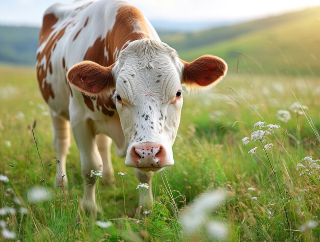 Photorealistic view of cow grazing in nature outdoors