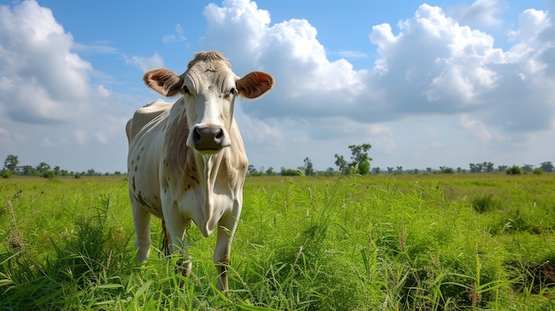 Photorealistic view of cow grazing in nature outdoors