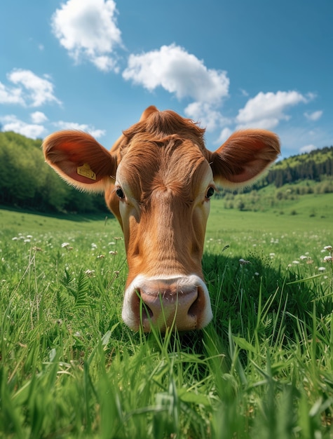 Photorealistic view of cow grazing in nature outdoors