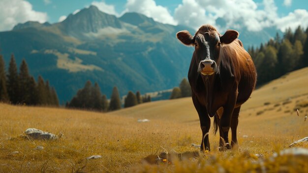 Photorealistic view of cow grazing in nature outdoors