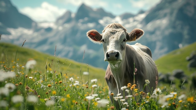 Photorealistic view of cow grazing in nature outdoors