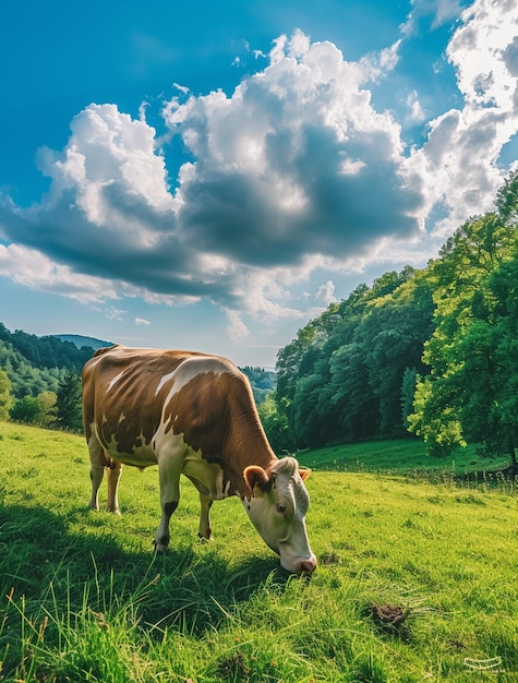 Photorealistic view of cow grazing in nature outdoors