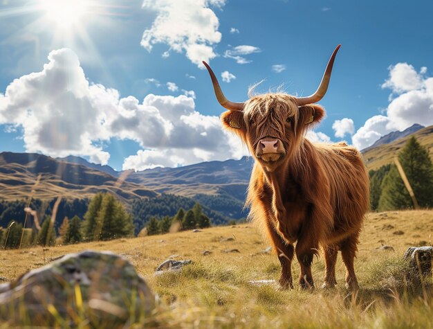 自然の外で放牧している牛のフォトリアリズムな景色