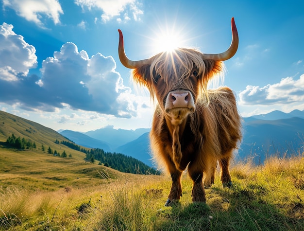 Photorealistic view of cow grazing in nature outdoors