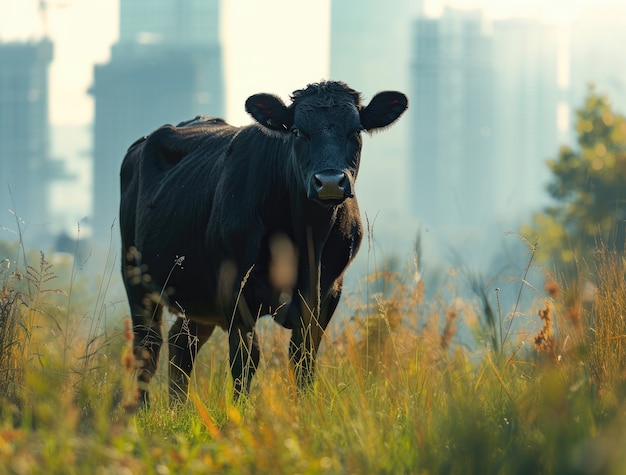 Фотореалистичный вид коровы, пасущейся на открытом воздухе с городским ландшафтом