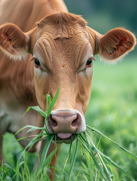 Photorealistic view of cow grazing outdoors