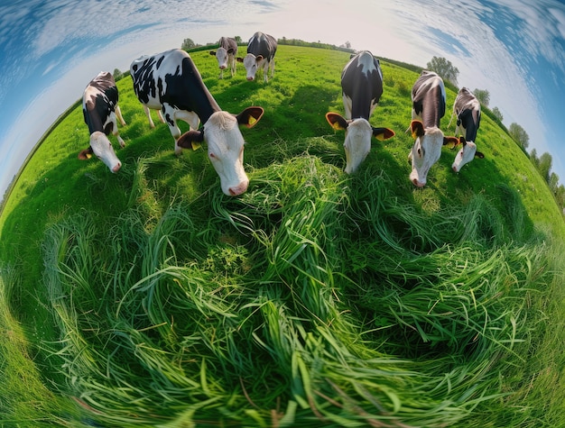 Vista fotorealista di mucche che pascolano in natura all'aperto