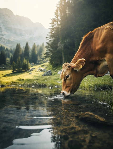 無料写真 牛が飲む水のフォトリアリズムな景色