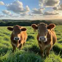 Бесплатное фото Фотореалистичный вид коров, пасущихся на природе на открытом воздухе