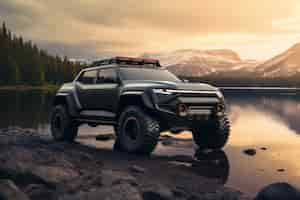 Бесплатное фото photorealistic view of off-road car with nature terrain and weather conditions