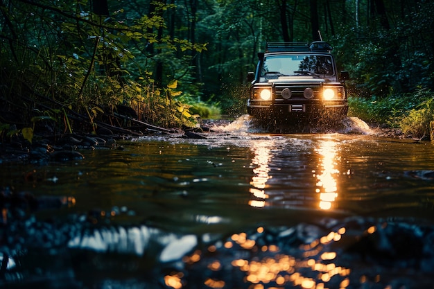 Photorealistic view of off-road car with nature terrain and weather conditions