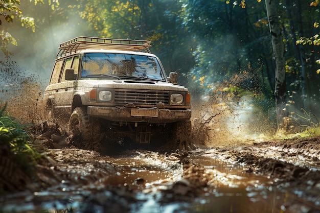Photorealistic view of off-road car with nature terrain and weather conditions