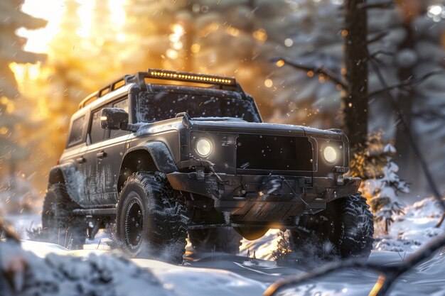Photorealistic view of off-road car with nature terrain and weather conditions