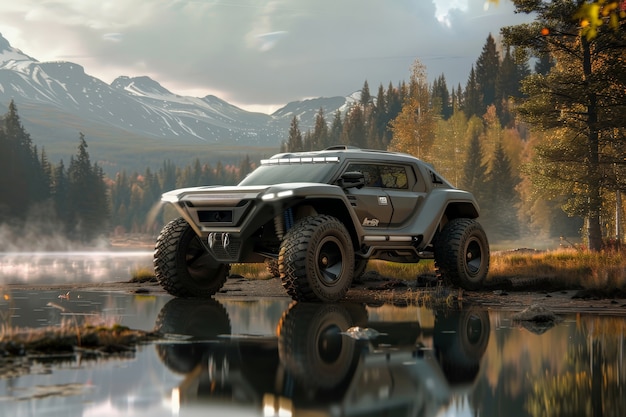 Photorealistic view of off-road car with nature terrain and weather conditions